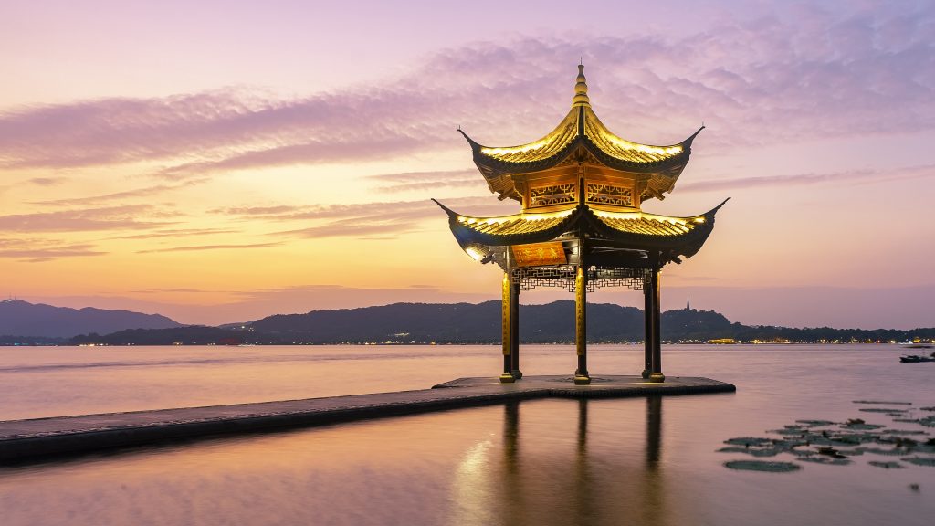 West Lake Jixian Pavilion sunset scenery, Hangzhou, China