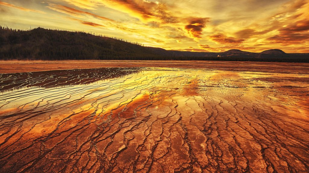 Sunset at Grand Prismatic Spring in Yellowstone National Park, Wyoming, USA