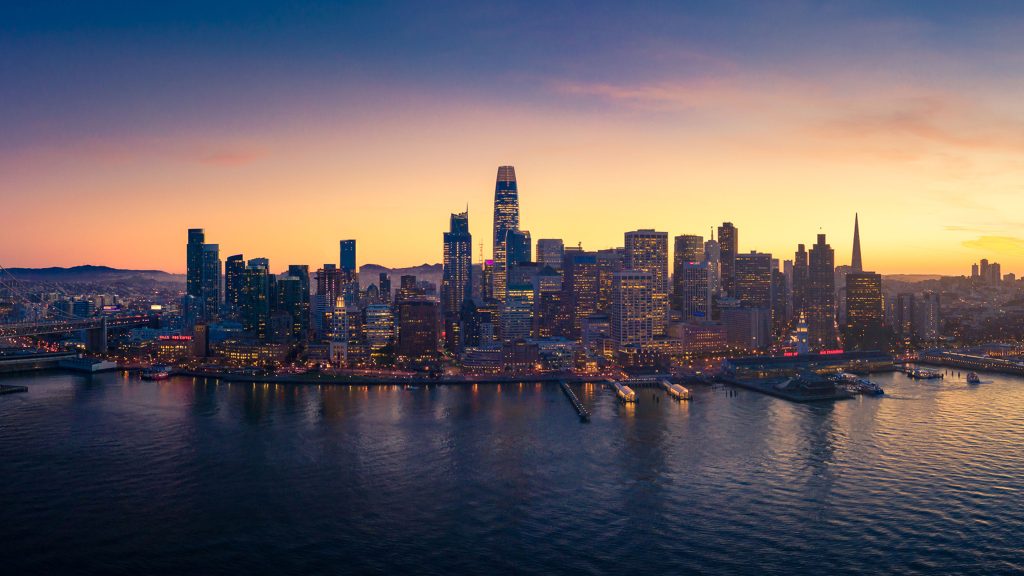 Aerial view of San Francisco at sunset with city lights, California, USA