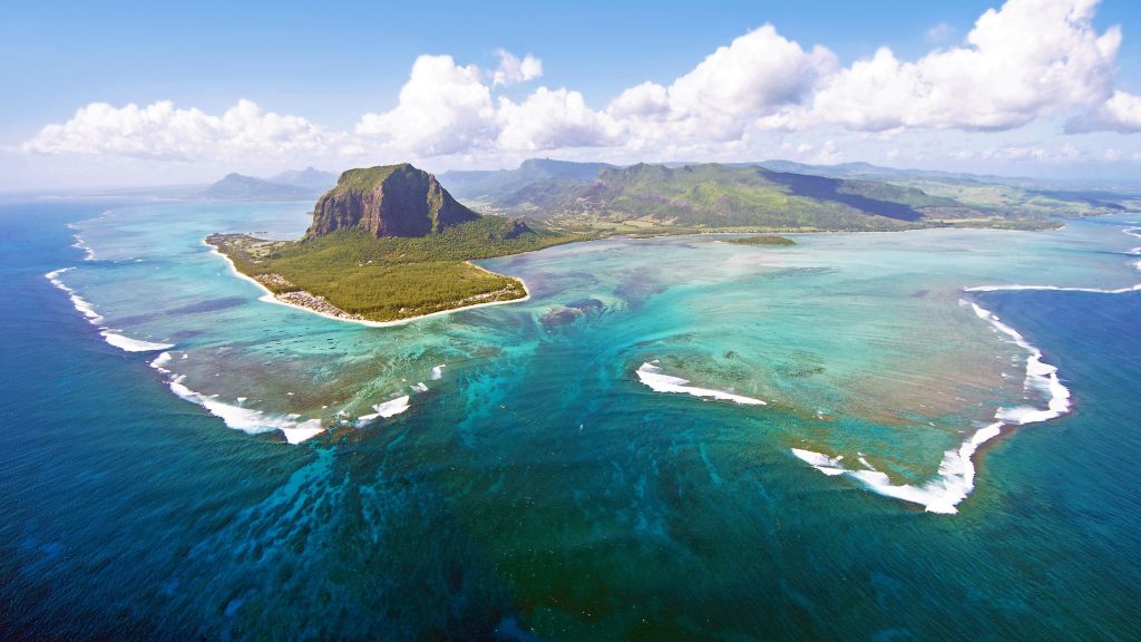 Aerial view of Le Morne Brabant Peninsula mountain, Mauritius