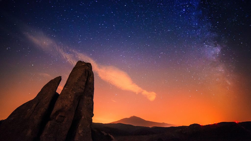 Eagle Megalith with Milky Way on Argimusco plateau near Mount Etna, Sicily, Italy