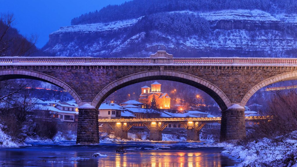 Old Stone Bridge and Church of St Demetrius in winter, Veliko Tarnovo, Bulgaria