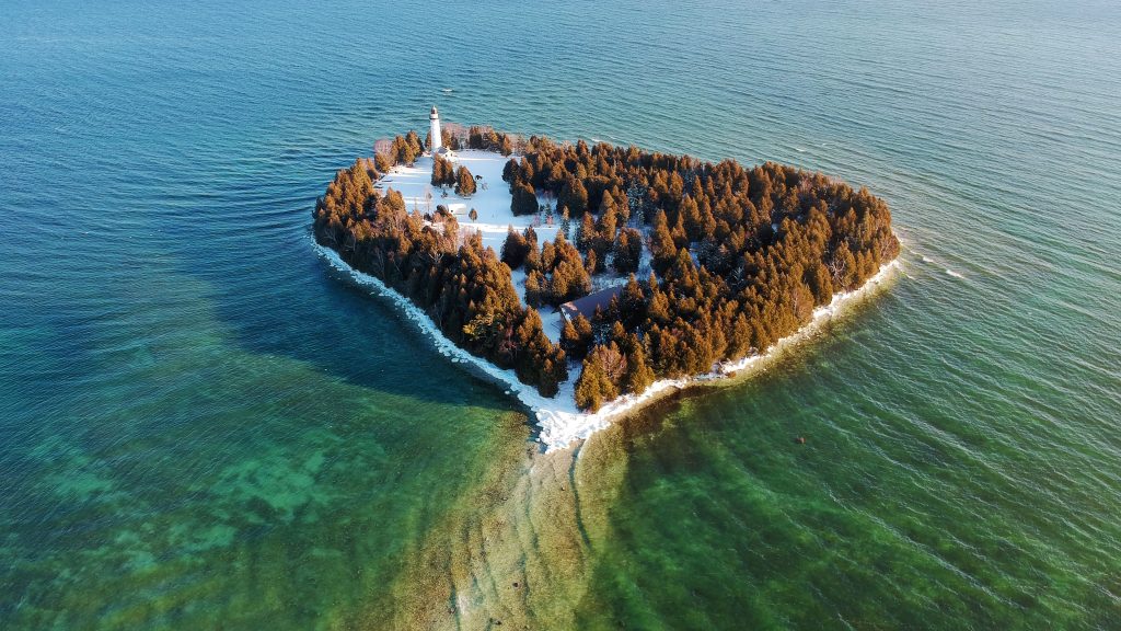 Cana Island aerial view in winter, Lake Michigan, Door County, Wisconsin, USA