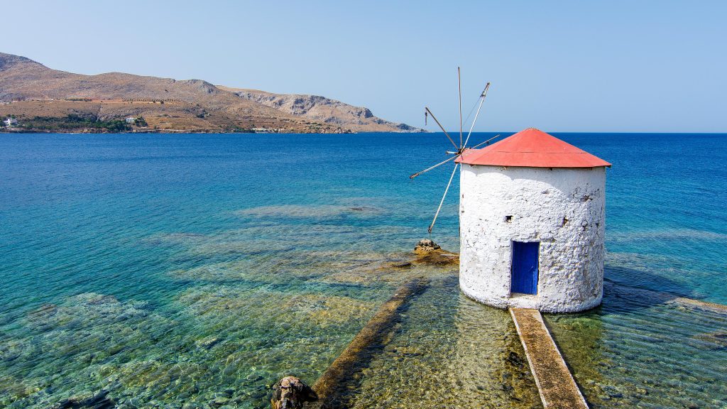 Old windmill in Aegean Sea on the island of Leros, Greece