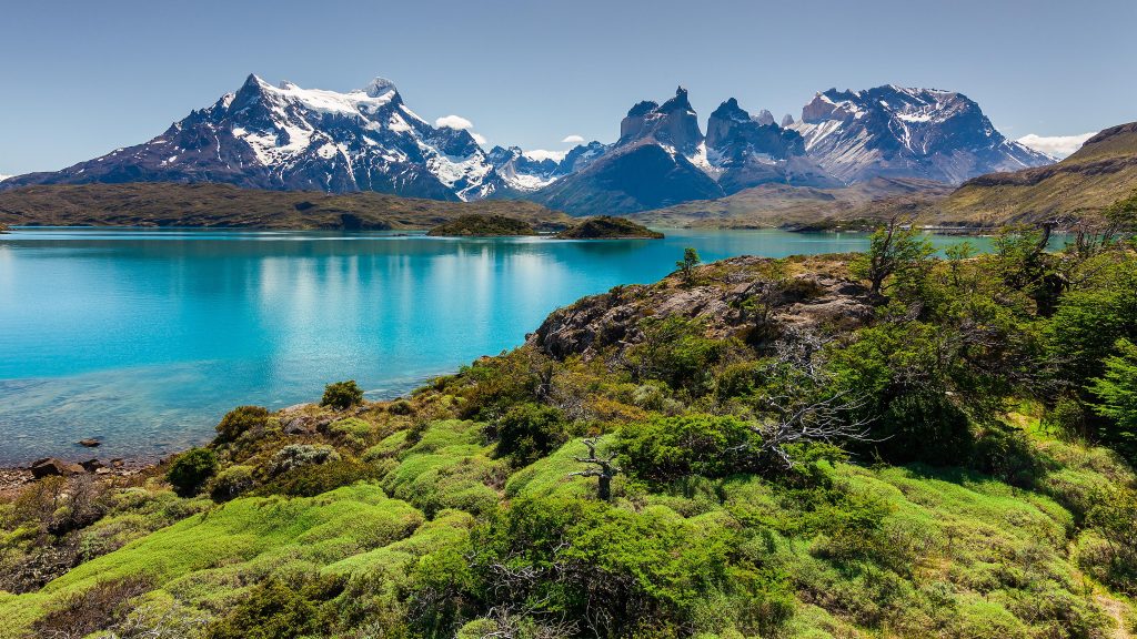Sunny day in at Lake Pehoe in Torres del Paine National Park, Chile