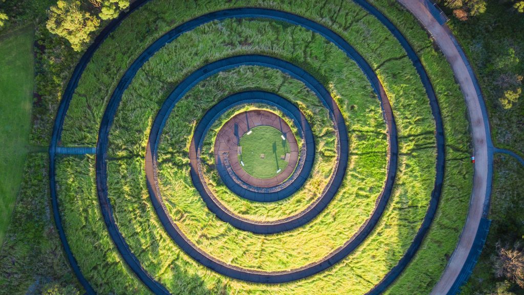 Artificial spiral hill trail to Bay Marker Lookout, Sydney Olympic Park, Australia
