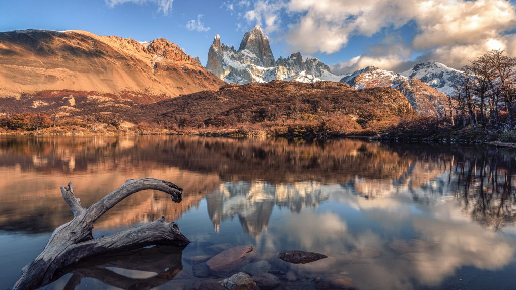 Monte Fitz Roy and reflection in Lake Capri, El Chaltén, Santa Cruz Province, Argentina