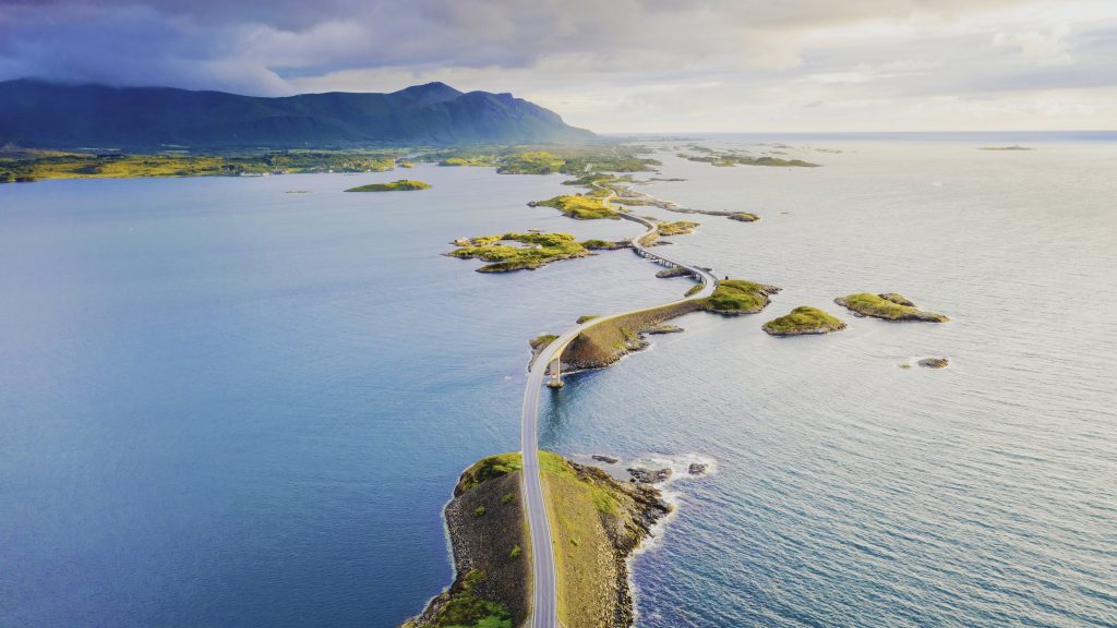 Aerial view of Storseisundet Bridge, Atlantic Road, Møre og Romsdal county, Norway