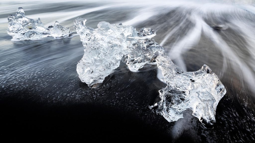 Ice fragments on Diamond Beach, Jökulsárlón Black Beach in Iceland