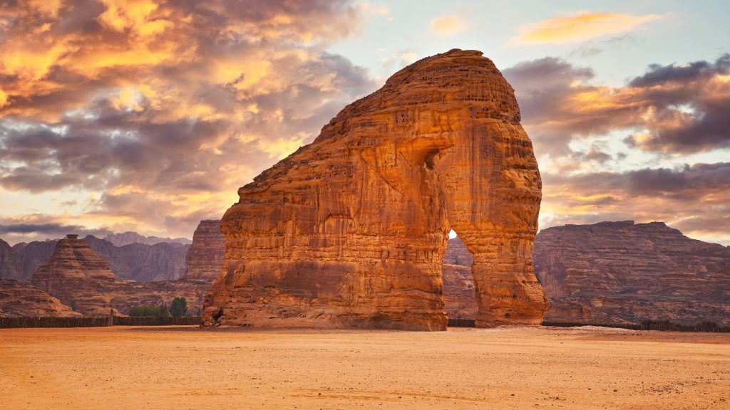 Jabal Al-Fil Elephant Rock natural formation in Al-Ula desert landscape, Saudi Arabia