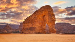 Read more about the article Jabal Al-Fil Elephant Rock natural formation in Al-Ula desert landscape, Saudi Arabia
