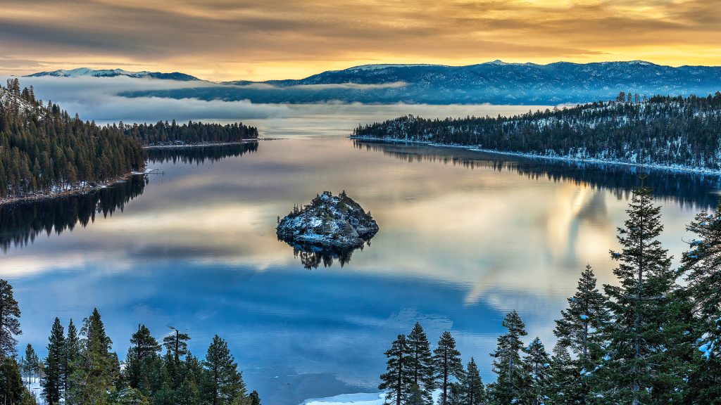 Fannette Island in Emerald Bay on Lake Tahoe at sunset, California, USA