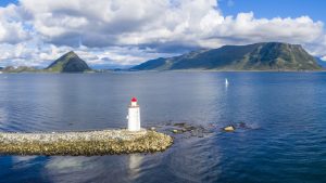 Read more about the article Aerial view of Hogsteinen Lighthouse, Godoya Island, Ålesund, Møre og Romsdal, Norway