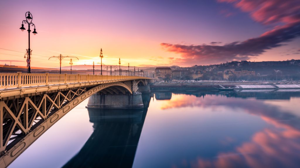 Sunset view from the Margaret Bridge on Danube River in Budapest, Hungary