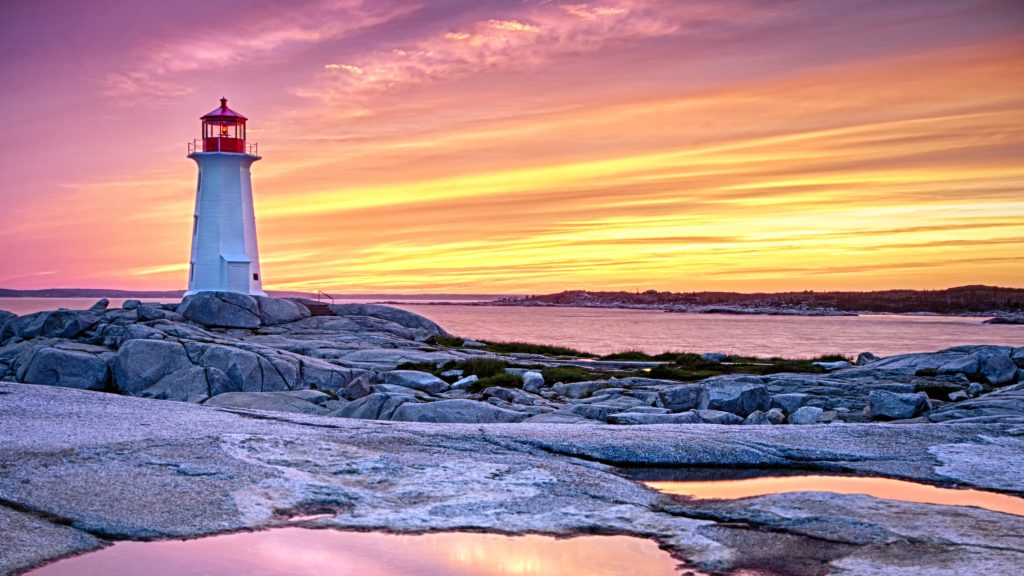 Peggys Point or Cove Lighthouse at dusk, Nova Scotia, Canada