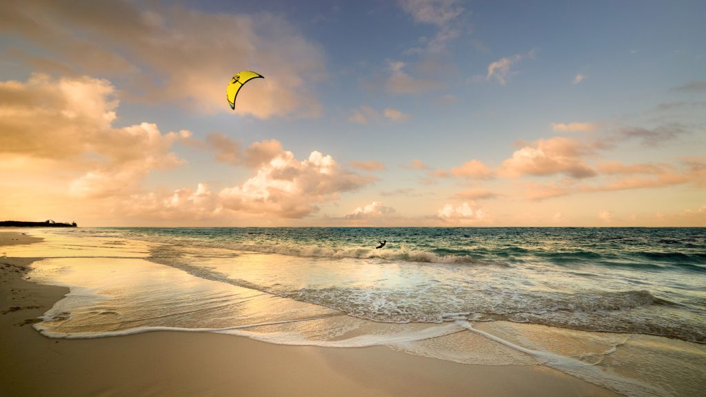 Kiteboarding or kitesurfing, Ocean Drive Beach, Cat Island, Bahamas
