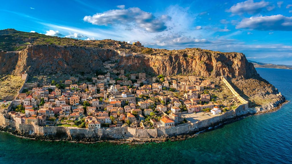 Aerial view of old medieval castle town, Monemvasia in Lakonia of Peloponnese, Greece