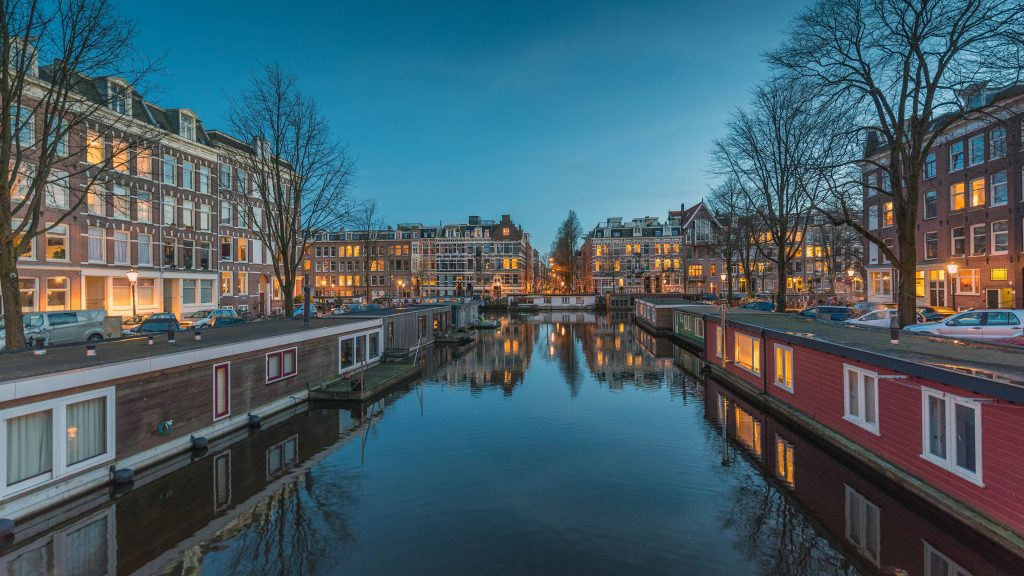 Canal reflection after sunset in winter, Oud-West, Amsterdam, Netherlands