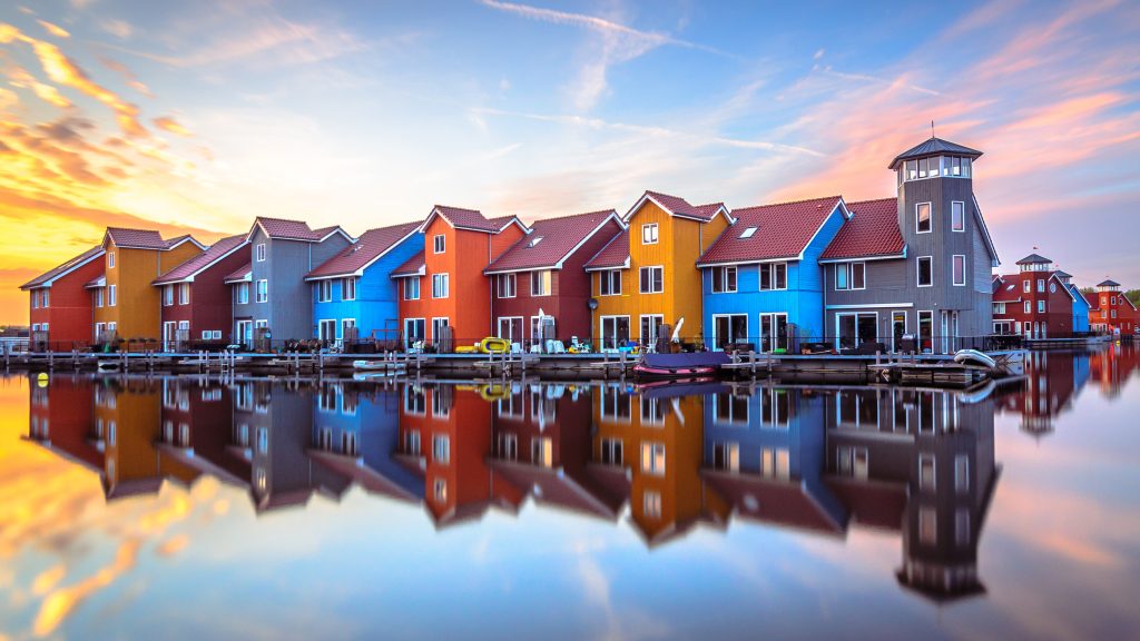 Colourful houses in Reitdiephaven, Groningen, Netherlands