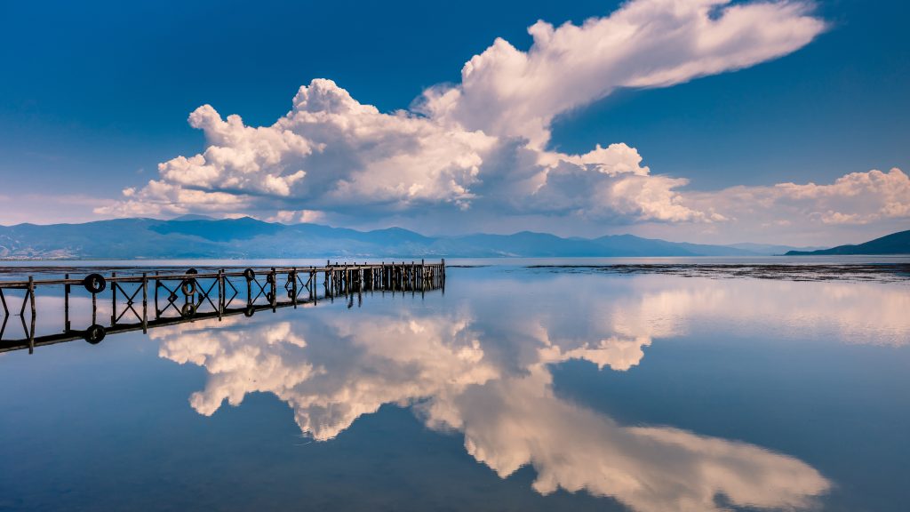 Wooden jetty on Great Prespa Lake, Galicica National Park, North Macedonia