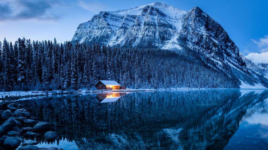 Boat house on winter morning at Lake Louise, Banff National Park, Alberta, Canada