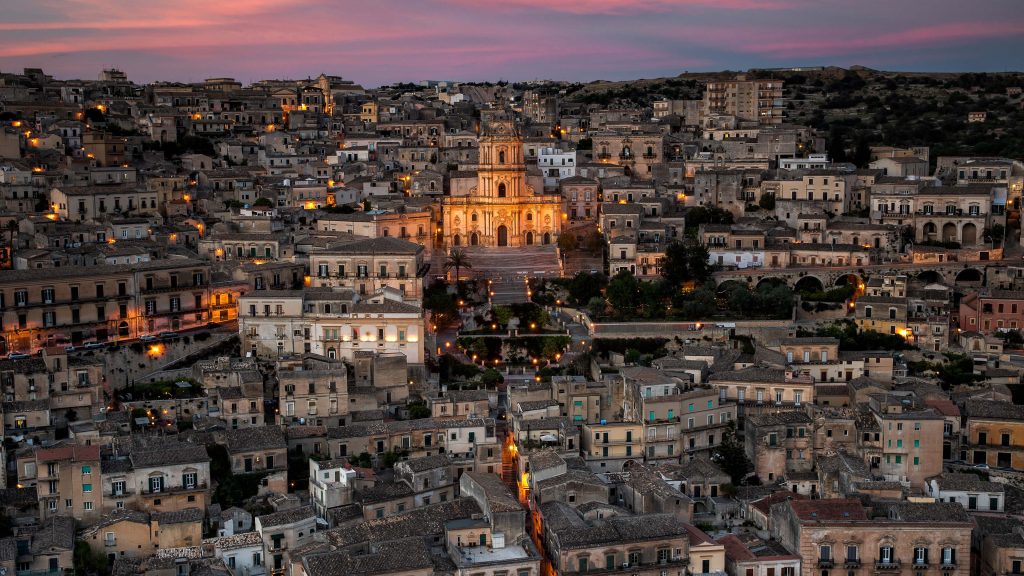 Modica old town at sunset, Ragusa, Ragusa, Italy