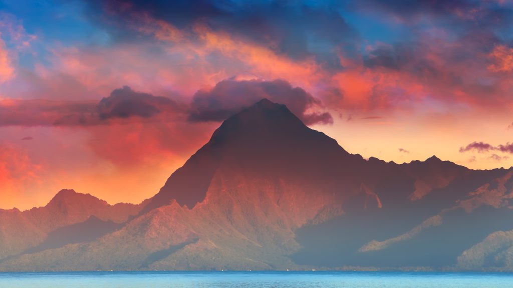 View of Mont Orohena mountain at sunset, Tahiti, French Polynesia