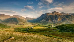 Read more about the article View of valley between hills and mountains, Little Langdale, Cumbria, England, UK