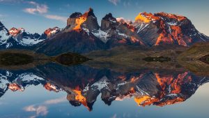Read more about the article Sunset reflecting on water, Cuernos del Paine in Torres del Paine National Park, Chile
