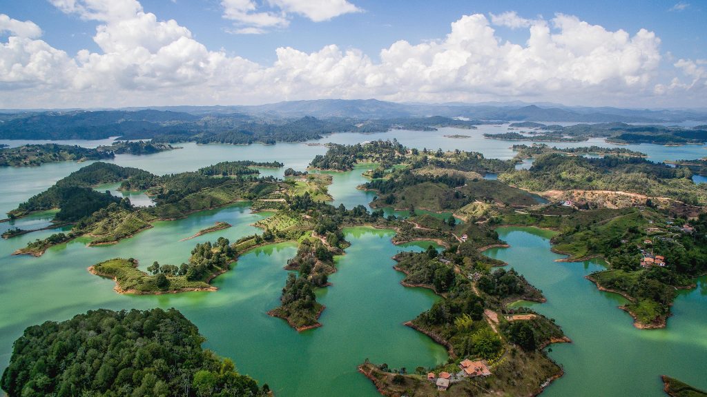 Aerial view of Embalse Peñol-Guatapé reservoir, Colombia