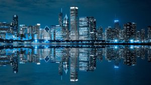 Read more about the article Skyline of Chicago downtown at night, Illinois, USA