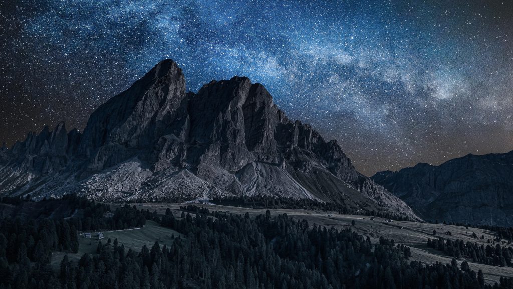Peitlerkofel mountain and Milky way over Passo delle Erbe, South Tyrol, Italy