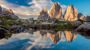 Read more about the article Three Peaks of Lavaredo with reflection in a lake, South Tyrol, Dolomites, Italy