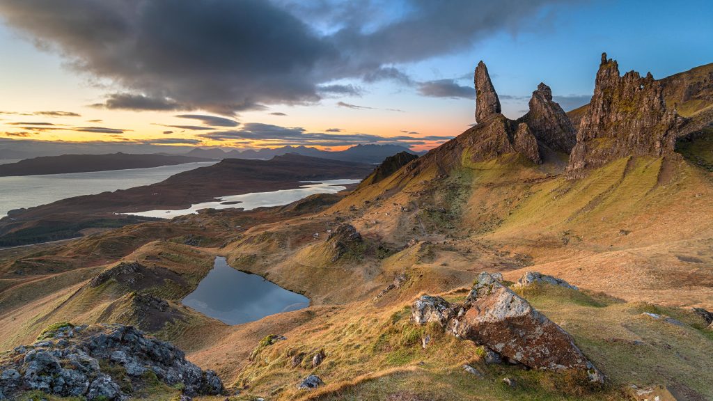 Dawn at Old Man of Storr rock formations, Isle of Skye, Scotland, UK