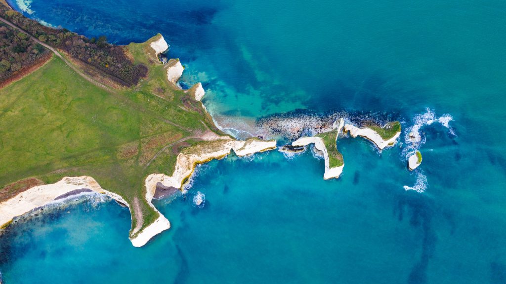 Aerial view of Old Harry Rocks, Handfast Point, Isle of Purbeck, Dorset, England, UK