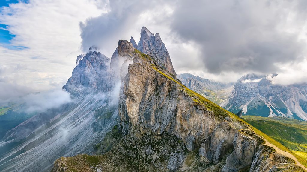Odle mountain range, Seceda Massif peak in Dolomites Alps, South Tyrol, Italy