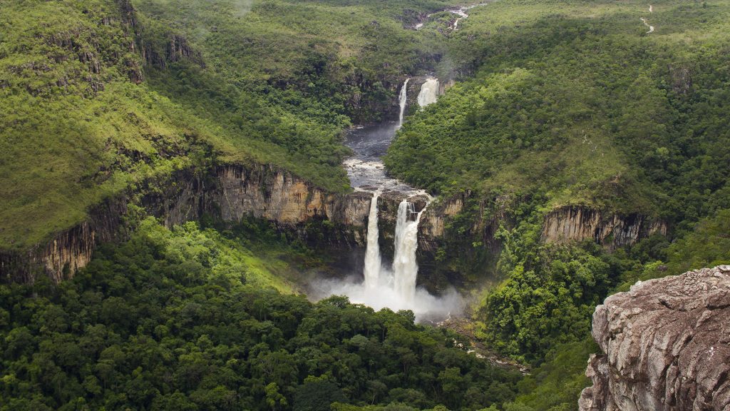 Aerial view of waterfalls in Chapada dos Veadeiros National Park, Goiás, Brazil