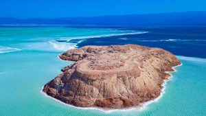 Read more about the article Aerial view of the blue salty Lake Assal, Djibouti