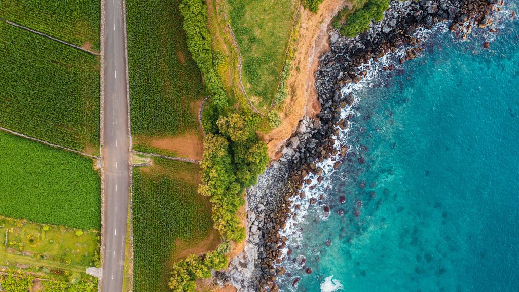 Overhead view of coastal road in Terceira, Azores, Portugal