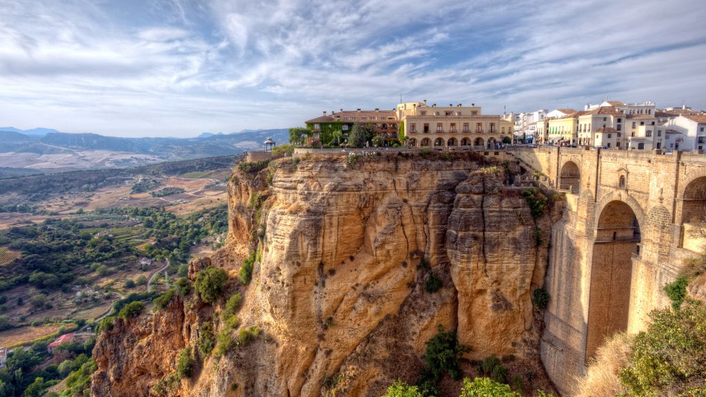 View of Parador of Ronda and its new bridge, Málaga, Andalusia, Spain