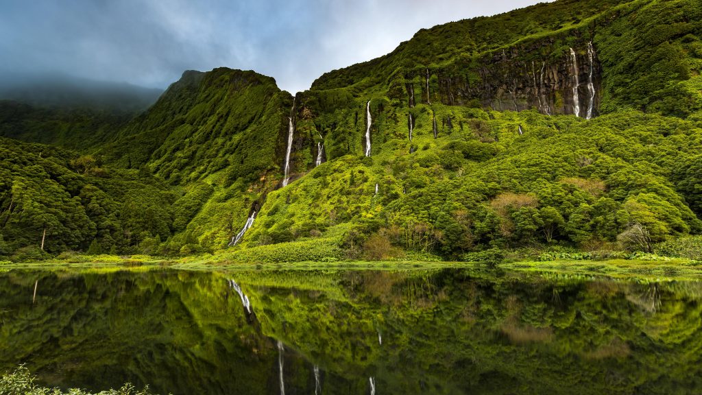 Waterfalls with lake Poco da Ribeira do Ferreiro, Flores Island, Azores, Portugal