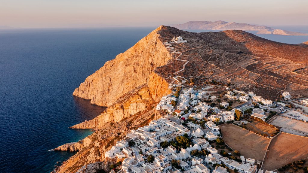 Chora aerial view, capital village of Folegandros island, Cyclades, Greece