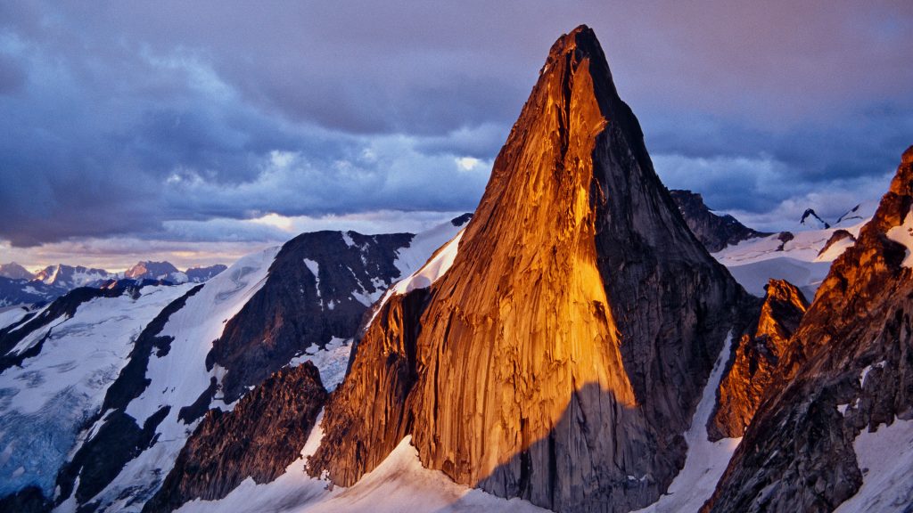 Snowpatch Spire mountain peak at sunset, The Bugaboos, British Columbia, Canada