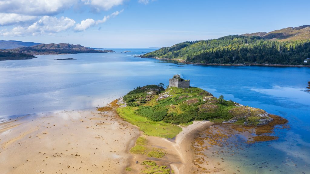 Castle Tioram on tidal island Eilean Tioram in Loch Moidart, Scotland, UK