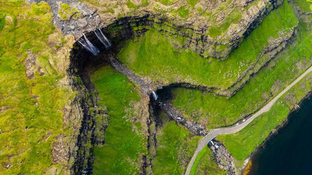 Aerial view of the Fossá waterfall at sunset, Faroe Islands, Denmark