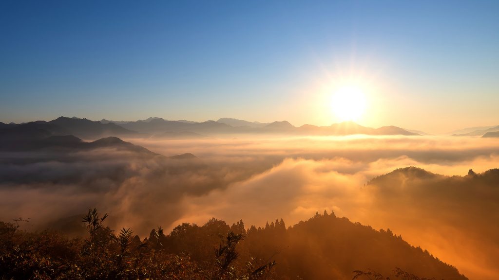 Clouds spreading in Takachiho Gorge in early morning and rising sun, Kyushu, Japan