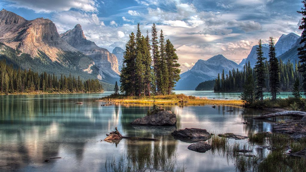 Summer view of Spirit Island in Maligne Lake, Jasper National Park, Alberta, Canada
