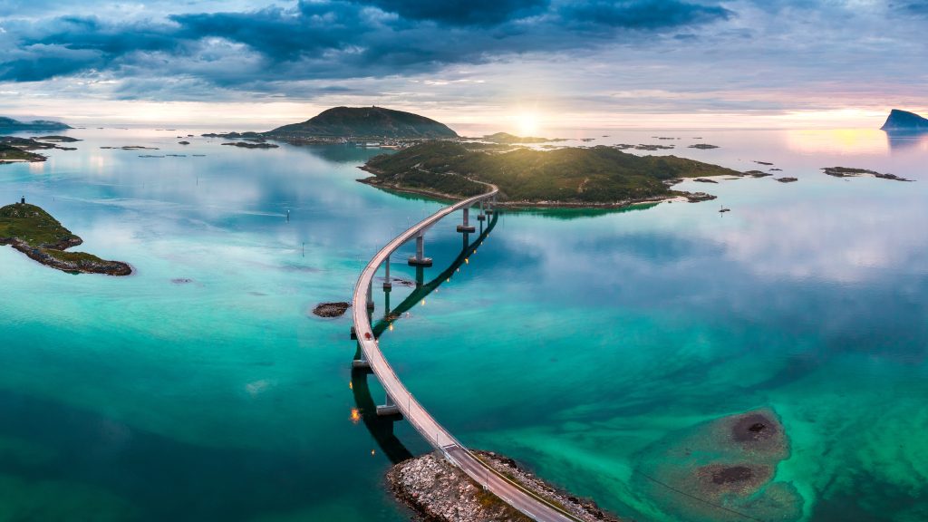 Bridge to the island of Sommarøy at summer sunset, Tromsø, Troms, Norway