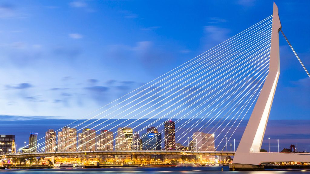 Erasmusbrug (Erasmus Bridge) in Rotterdam at sunset, Netherlands