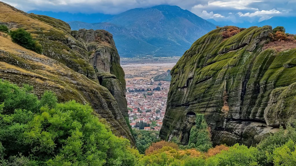 Tourist village of Kalambaka and rock complex of Meteora, Thessaly, Greece